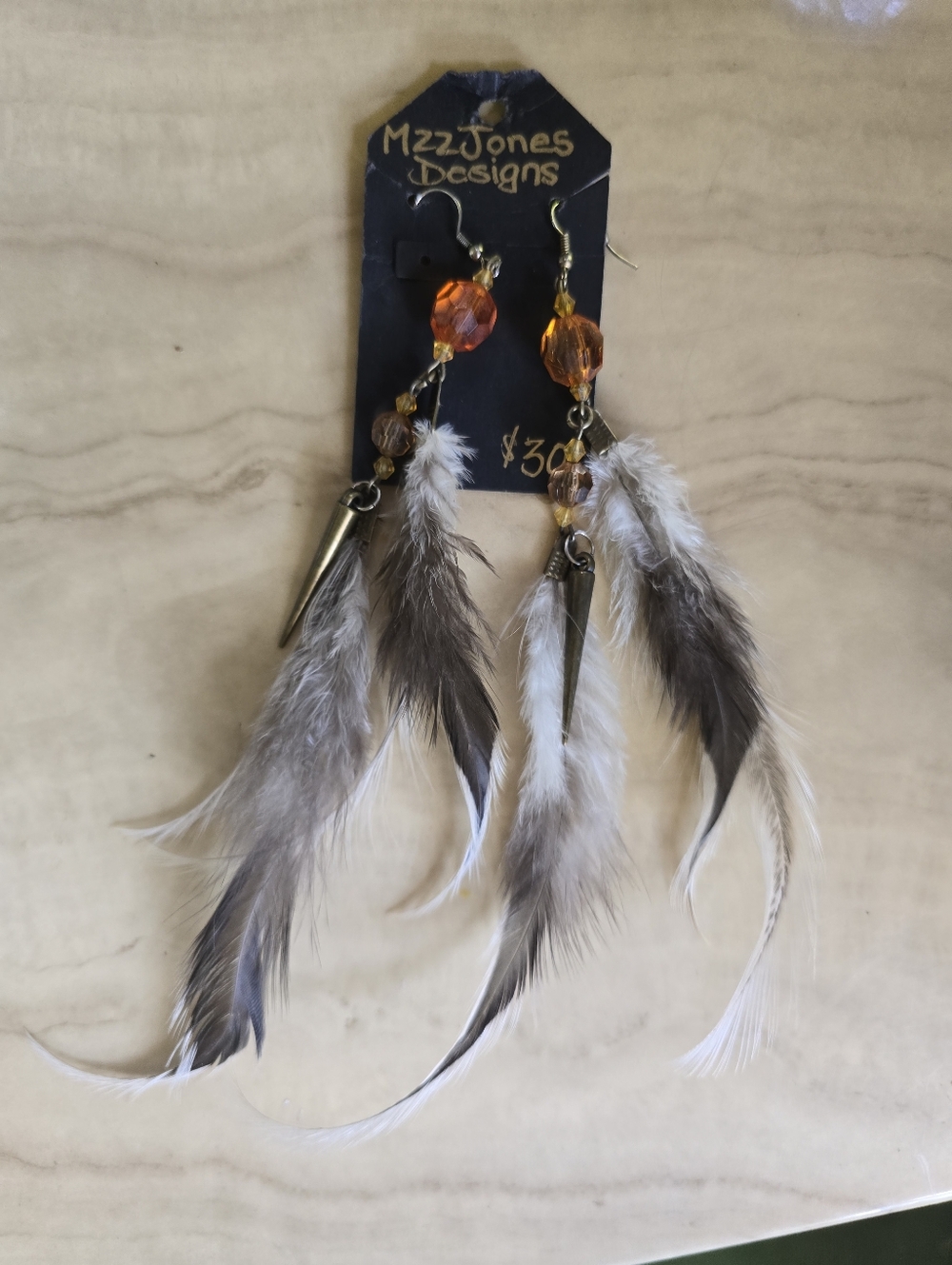 New!Feather Earrings Drop Chain with Spike charm Handcrafted Boho Native Western